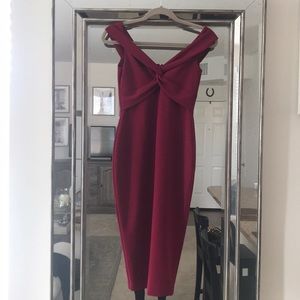 Nookie off shoulder midi dress in “Ruby”